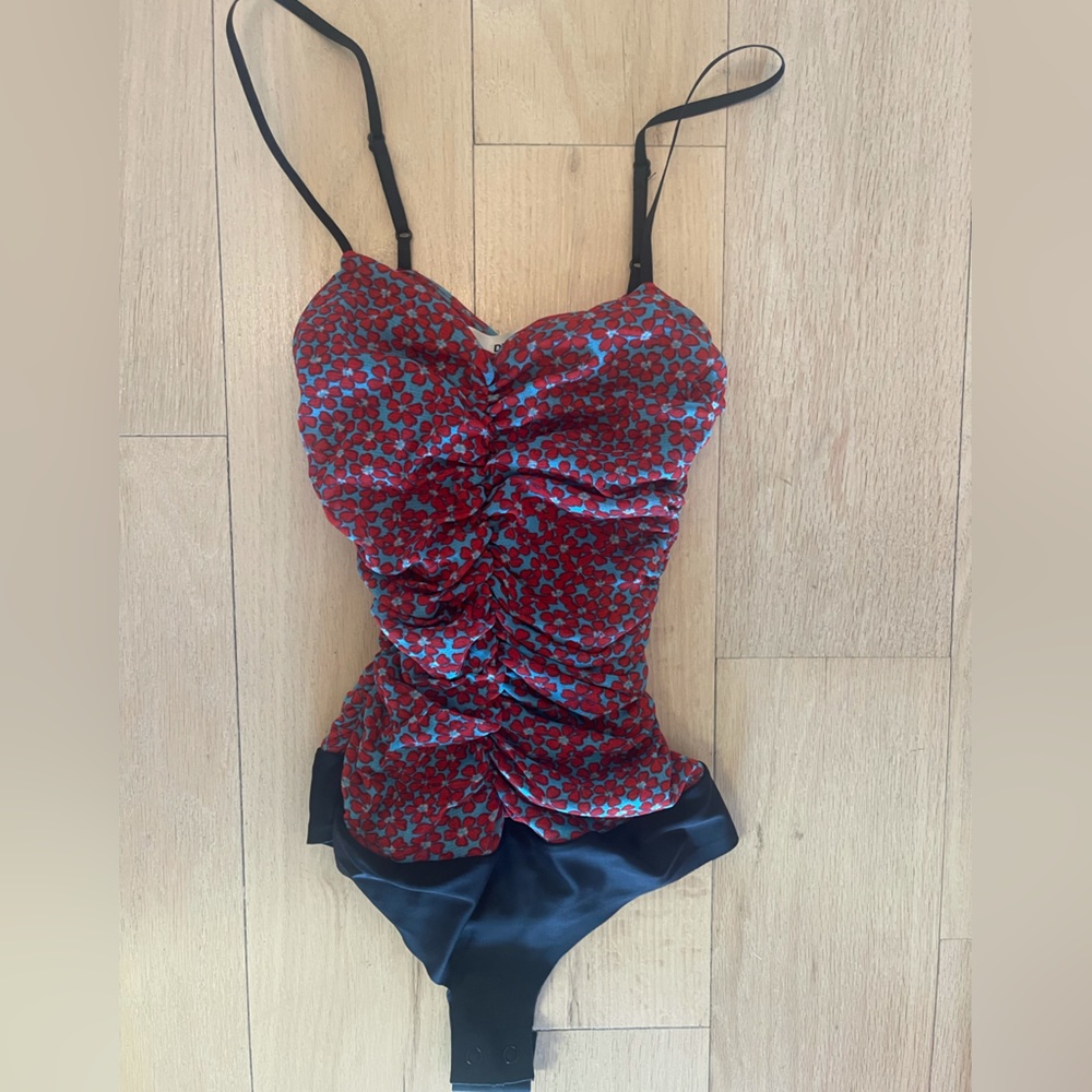 Diane Von Furstenberg Printed Nylon Rouched Bodysuit - Size XXS